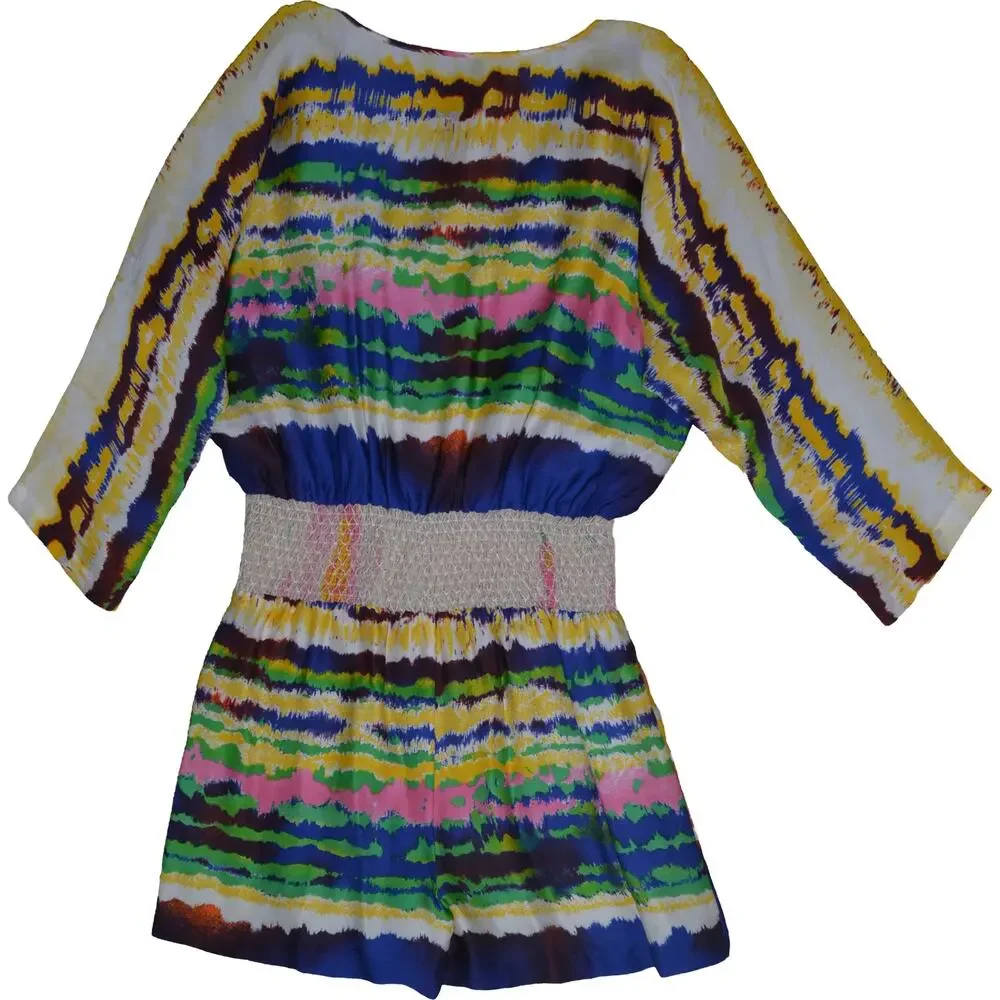 Halston Heritage Resort Vacation Silk Romper 2 Abstract Stripe Smocked Colorful‎